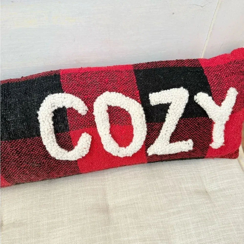 MudPie Get Cozy Red Black Buffalo Plaid Burlap Oatmeal Wool Long Accent Pillow